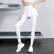 High Waist Fake Two Piece Leggings with Skirt Overlay and Zip Pocket - Image 5