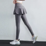 High Waist Fake Two Piece Leggings with Skirt Overlay and Zip Pocket - Image 6