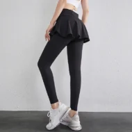 High Waist Fake Two Piece Leggings with Skirt Overlay and Zip Pocket - Image 3