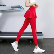 High Waist Fake Two Piece Leggings with Skirt Overlay and Zip Pocket