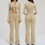 Slash Pocket Flared Leggings with Sports Bra and Long Sleeve Jacket - Image 3