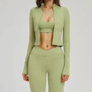 Slash Pocket Flared Leggings with Sports Bra and Long Sleeve Jacket - Image 5