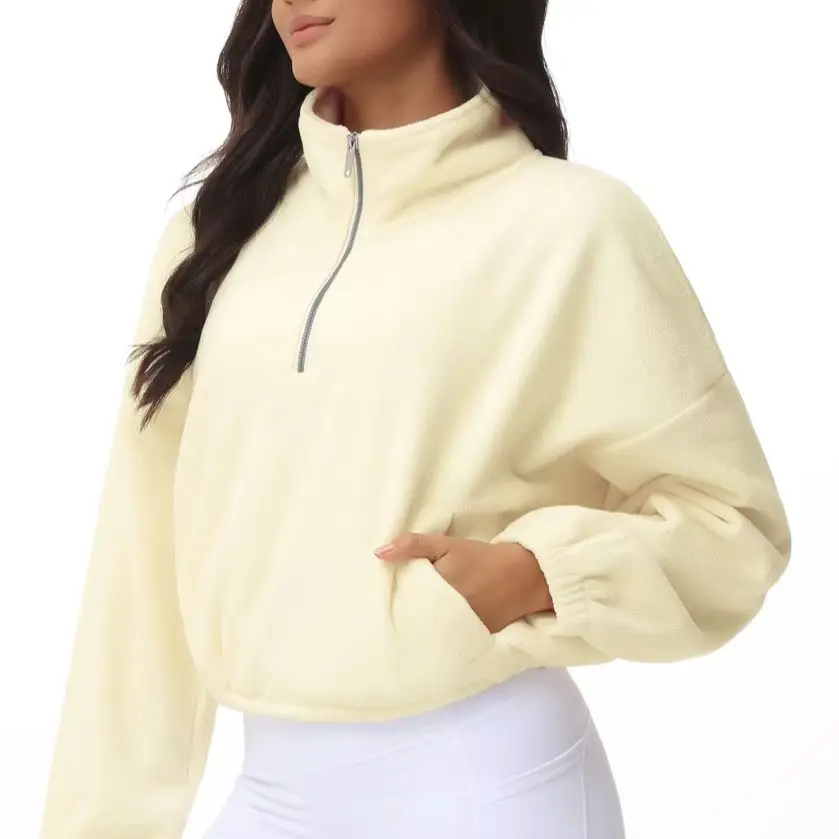 kf-S06e97f6e22f14423828f12718355718dQ Half Zip Fleece Crop Pullover with Pockets and Drawstring Hem - Image 1