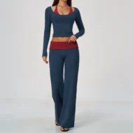 Layered Long Sleeve Top and Wide-Leg Pants Patchwork Yoga Set - Image 2