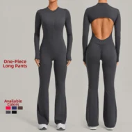 Long Sleeve Yoga Jumpsuit with Stand Collar and Wide Legs - Image 3