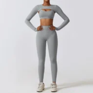 Compression Leggings, Bra and Cropped Long Sleeve Layer Set - Image 5