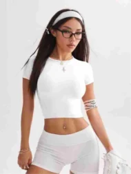 Short Sleeve High Stretch Yoga T Shirt with Crew Neck - Image 4