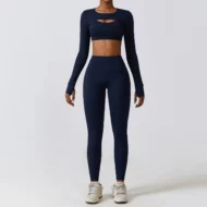 Compression Leggings, Bra and Cropped Long Sleeve Layer Set - Image 3