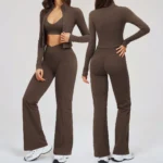 Slash Pocket Flared Leggings with Sports Bra and Long Sleeve Jacket