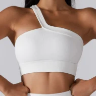 Asymmetric Ribbed Crop Bralette with One Bare Shoulder