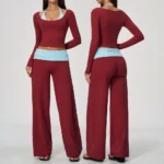 Layered Long Sleeve Top and Wide-Leg Pants Patchwork Yoga Set