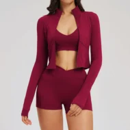 Bare-Feel Long Sleeve Top and Bra with Pocket Shorts Set