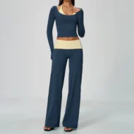 Layered Long Sleeve Top and Wide-Leg Pants Patchwork Yoga Set - Image 5