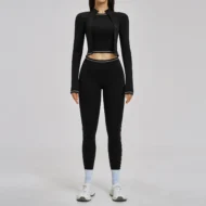 Three-Piece Patchwork Stripe Yoga Set with Long Sleeve Top - Image 4