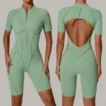Open Back Zipper Jumpsuit with High Stretch Knit Fabric