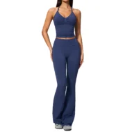 Halter Bra and Flare Leggings Set with Hidden Waist Pocket - Image 2