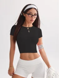 Short Sleeve High Stretch Yoga T Shirt with Crew Neck - Image 5