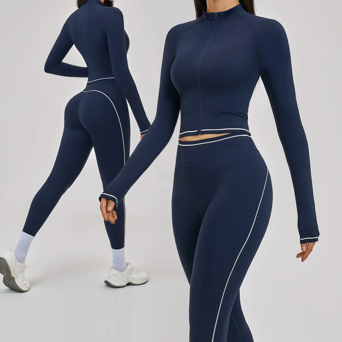 kf-S883f1dac22e047708531cc59732406fbU High-Waisted Leggings and Long Sleeve Zip Jacket in Compressive Knit - Image 1