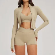Bare-Feel Long Sleeve Top and Bra with Pocket Shorts Set - Image 4