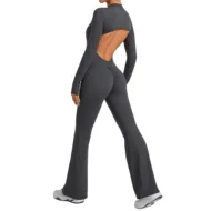 Long Sleeve Yoga Jumpsuit with Stand Collar and Wide Legs - Image 5