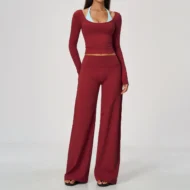 Layered Long Sleeve Top and Wide-Leg Pants Patchwork Yoga Set - Image 6