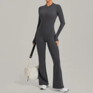 Long Sleeve Yoga Jumpsuit with Stand Collar and Wide Legs