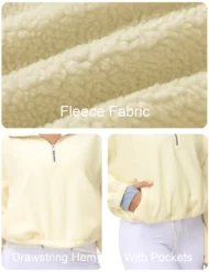 Half Zip Fleece Crop Pullover with Pockets and Drawstring Hem - Image 5