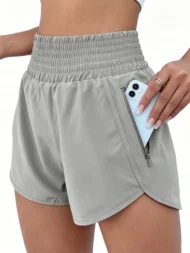 Loose High-Rise Running Shorts with Pockets and Elastic Waist