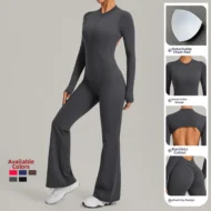 Long Sleeve Yoga Jumpsuit with Stand Collar and Wide Legs - Image 4