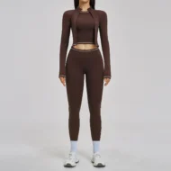 Three-Piece Patchwork Stripe Yoga Set with Long Sleeve Top - Image 3