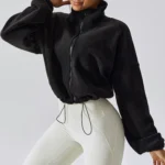 Cropped Polar Fleece Zip Jacket with Stand Collar and Thumb Holes