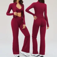 Slash Pocket Flared Leggings with Sports Bra and Long Sleeve Jacket - Image 2