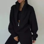 Fleece Two Piece Set with Half Zip Sweatshirt and Loose Pants