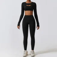 Compression Leggings, Bra and Cropped Long Sleeve Layer Set - Image 2