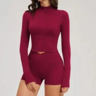 Zip-Front Long Sleeve Top and Leggings Set in Stretch Nylon - Image 3