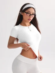Short Sleeve High Stretch Yoga T Shirt with Crew Neck - Image 2